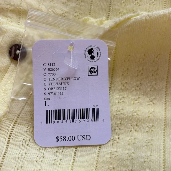 Free People/We the Free Penny Pointelle Cardi in Tender Yellow Size L. NWT Tees - Long Sleeve
